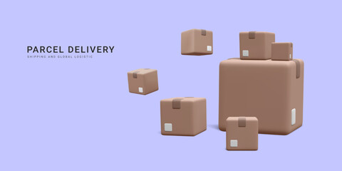 3d realistic pile of cardboard boxes for fast shipping banner. Concept for fast delivery service. Vector illustration