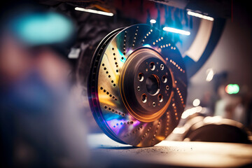Brake disk and detail of a wheel hub in a garage with lights, illustration ai generative - obrazy, fototapety, plakaty