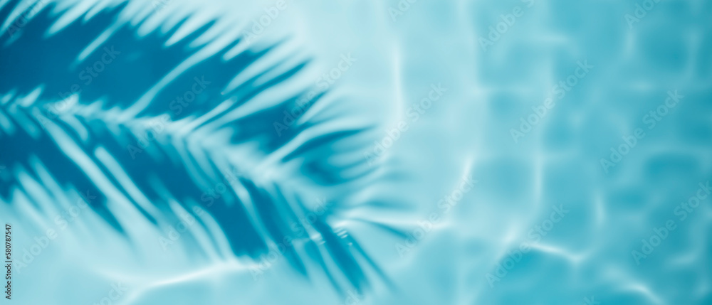 Wall mural Aqua waves and coconut palm shadow on blue background. Water pool texture top view.Tropical summer mockup design. Luxury travel holiday.