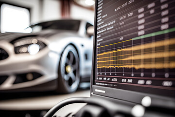 Close up on monitor of a car service scanning in a modern garage, illustration ai generative