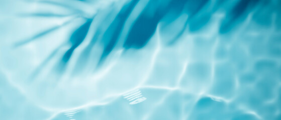 Aqua waves and coconut palm shadow on blue background. Water pool texture top view.Tropical summer...