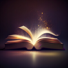 Magic Book With Open Pages And Abstract Lights Shining In Darkness - Literature And Fairytale Concept