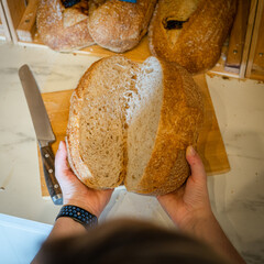 halves of freshly baked bread in the hands of a baker on a sunny morning