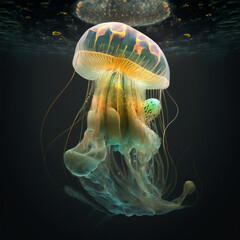 jelly fish in the sea on the dark background  with Generative AI technology	