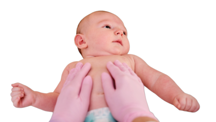 The doctor does gymnastics and massage to a newborn baby, isolated on a white background. Nurse in uniform doing warm-up exercises to the child. Kid aged two months