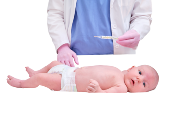 Doctor checks the temperature of the newborn baby with a thermometer, isolated on a white background. A nurse in uniform measures the child fever with a thermometer. Kid aged two months