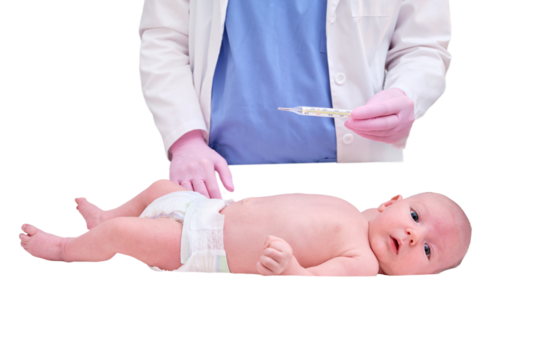 Doctor checks the temperature of the newborn baby with a thermometer, isolated on a white background. A nurse in uniform measures the child fever with a thermometer. Kid aged two months