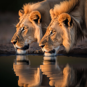 close up of a lion drinking ini savane