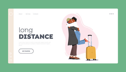 Long Distance Landing Page Template. Woman Hugging Man With Suitcase Meet Lover In Airport. Happy Couple Embrace