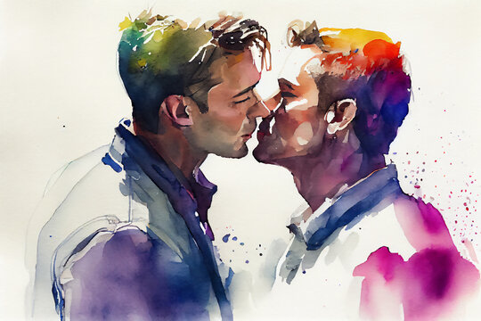 Portrait of male couple, man kissing his partner, ai generated, Generative AI