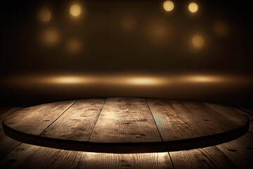 image of wooden table in front of abstract blurred background. Generative Ai.