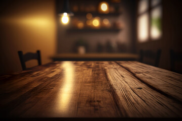 image of wooden table in front of abstract blurred background. Generative Ai.
