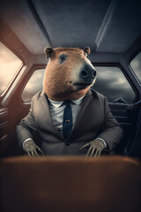 Capybara sitting in an expensive modern car in a classic suit, view inside the cabin, ultra wide angle. AI generated