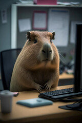 Capybara works at the computer in the office like an office worker. AI generated