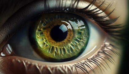 Close-up green human eye, pupil, look into the future. AI generated