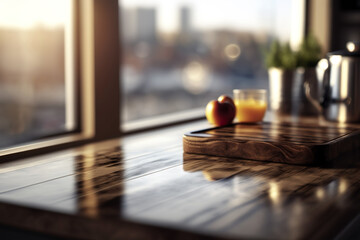 Wood table top without any objects against a blurry kitchen. Generative Ai.