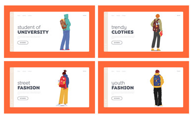 Young People Standing with Backpacks Landing Page Template Set. Teens Boys and Girls Wear Clothes of Bright Colors