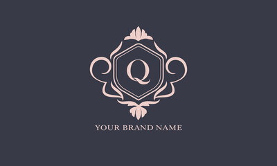 Exquisite baroque pattern. Floral ornament with initial letter Q. Vintage frame, greeting card, wedding invitation. Vector logo template, label, business sign.