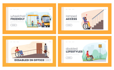 Inclusion, Disability Rights Landing Page Template Set. Disabled People On Wheelchairs Using Ramps To Access Buildings - obrazy, fototapety, plakaty