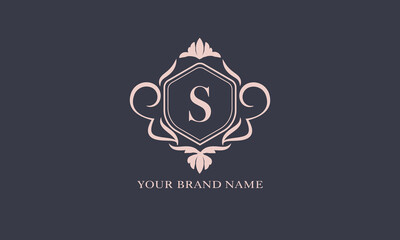 Exquisite baroque pattern. Floral ornament with initial letter S. Vintage frame, greeting card, wedding invitation. Vector logo template, label, business sign.