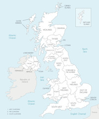 Vector map of UK with administrative divisions, and neighbouring countries. Editable and clearly labeled layers.