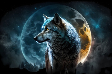Wolf on the background of the moon. The wolf is on the moon. AI generation