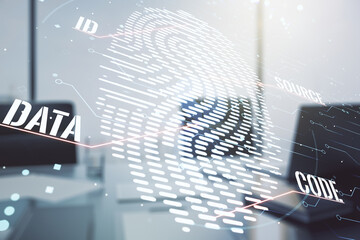 Abstract creative fingerprint illustration and modern desktop with pc on background, personal biometric data concept. Multiexposure