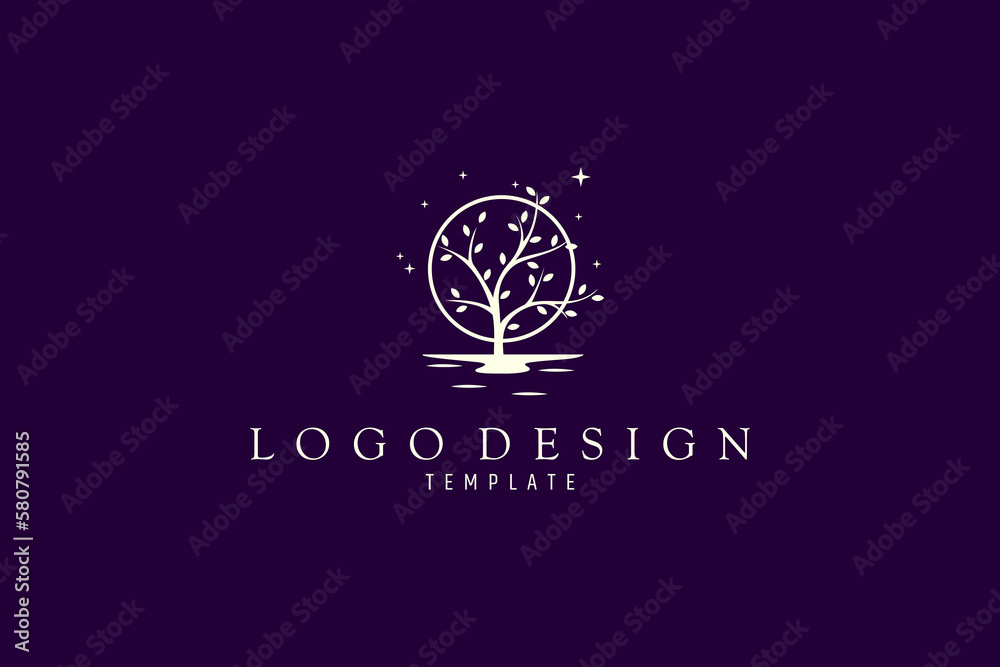 Canvas Prints beautiful minimalistic tree flat logo on moon background and sparkling stars.