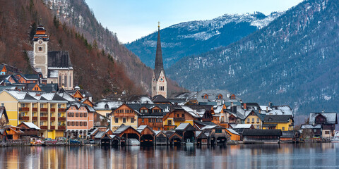 Famous Hallstatt mountain village in Austrian Alps viewed from the south, Austria
