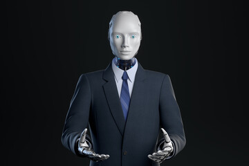 Robot in suit showing his empty hands