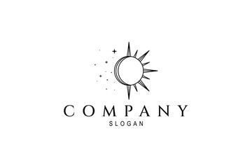 Vector logo on which an simple image of the sun with rays in the right side and the moon stars in the left side.