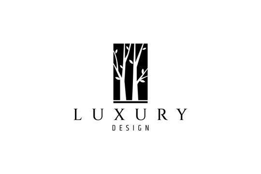 Silhouette logo of two trees inside an upright rectangle shape.