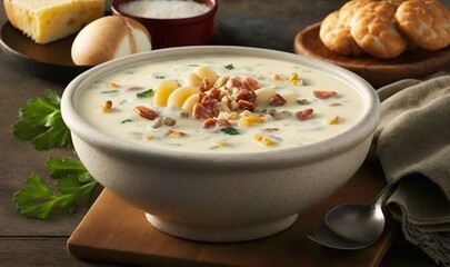  a bowl of soup with cheese, bacon, and bread.  generative ai