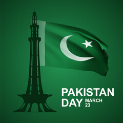 Pakistan Resolution Day Background. SIlhouette of a Minar-e-Pakistan with Pakistani flag. 23rd of March. EPS10 vector