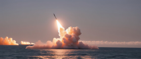 The launch of a strategic missile from the water area, hitting the target. Generative AI.