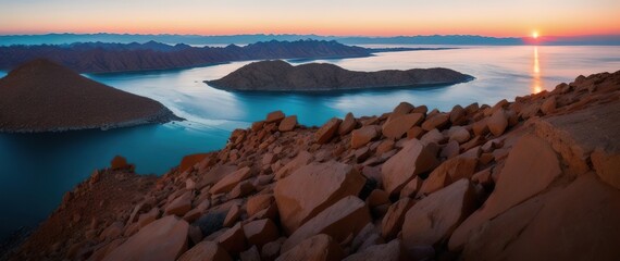 Beautiful picturesque landscape of a mountain range at dawn. Generative AI.
