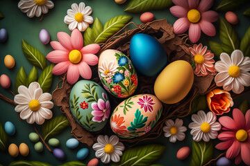 colorful Easter eggs with flowers, generative ai