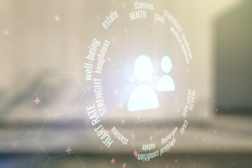 Abstract virtual people icons sketch on contemporary business center exterior background, life and real estate insurance online concept. Double exposure