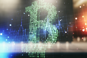 Double exposure of creative Bitcoin symbol hologram on modern business center exterior background. Cryptocurrency concept