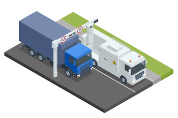Isometric cargo vehicle is going through a mobile x-ray control. Mobile x-ray scanning system is used against smuggling. Delivery Vehicles isolated.