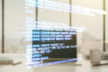 Multi exposure of abstract programming language hologram on computer background, artificial intelligence and neural networks concept