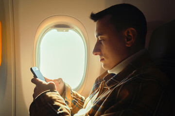 A man in an airplane looks at the phone, Wi-Fi in the airplane cabin. A tourist in a transport in the sky uses a smartphone, plays games, business and entertainment.