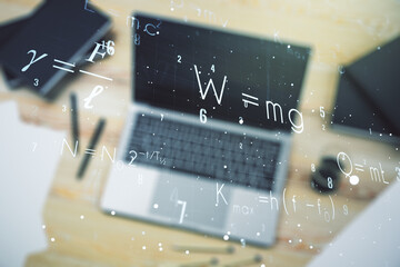 Creative scientific formula illustration on modern computer background, science and research concept. Multiexposure