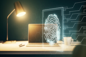 Multi exposure of abstract fingerprint scan interface on computer background, digital access concept