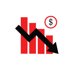 stock market arrow pointing down on economic chart red graph bars icon downtrend financial board down dollar coin