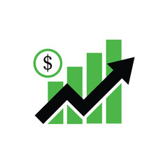 stock market arrow growing pointing up on economic chart graph bars icon trending upwards financial board rises dollar coin