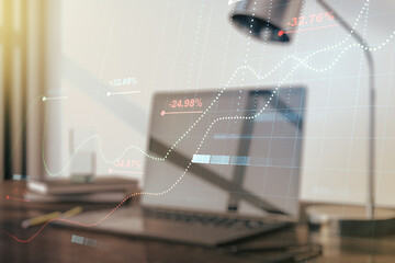 Multi exposure of stats data illustration on modern laptop background, computing and analytics concept