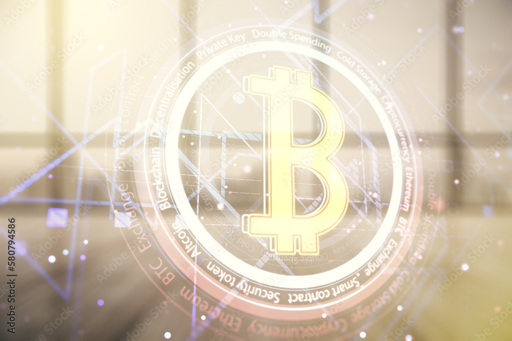 Poster Double exposure of creative Bitcoin symbol hologram on empty modern office background. Cryptocurrency concept