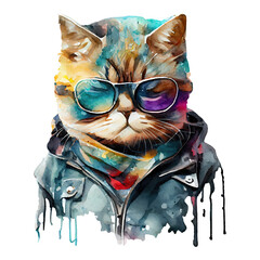 Watercolor cute cat, cool superstar animal character. Generative AI