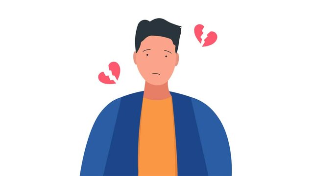 sad male character with broken heart shape on white and greenscreen background